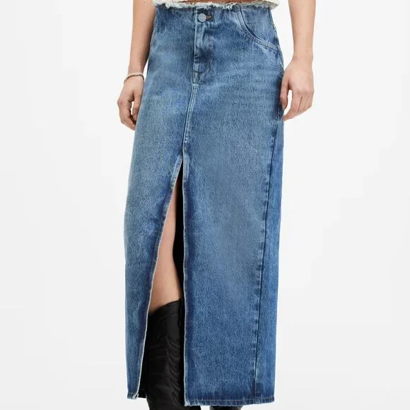 AllSaints NEW Cyra Maxi Blue Denim Jean‎ Skirt Frayed Waist Front & Back Slits - Picture 2 of 14